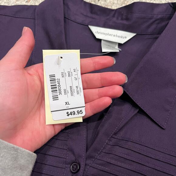NWT Christopher & Banks Button Front Long Sleeve Tee Sz XL Purple Textured - Picture 3 of 5
